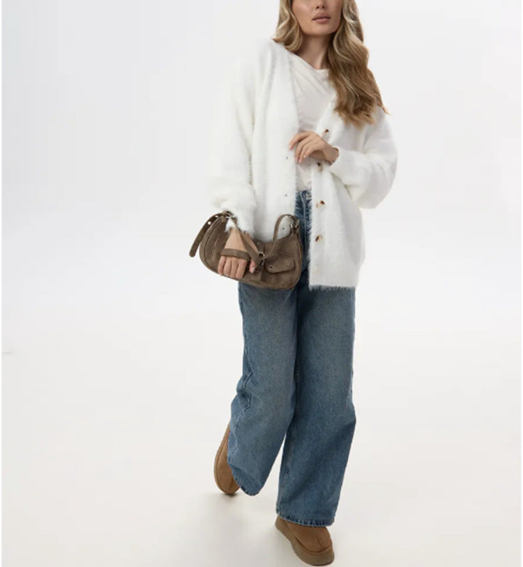 Damernas Plufsig Cardigan med Pärlknappar och Lätt Passform Eva Jonsson-Eva Jonsson