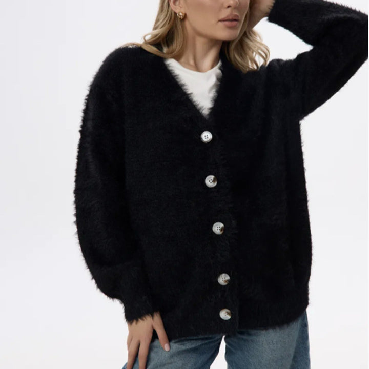 Damernas Plufsig Cardigan med Pärlknappar och Lätt Passform Mirla-Eva Jonsson