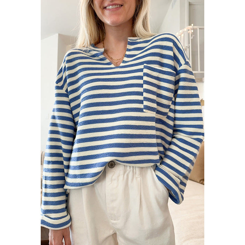 Damernas Randig Sweatshirt med V-hals och bröstficka Mirla-Eva Jonsson