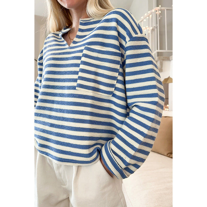 Damernas Randig Sweatshirt med V-hals och bröstficka Mirla-Eva Jonsson