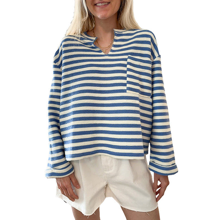 Damernas Randig Sweatshirt med V-hals och bröstficka Mirla-Eva Jonsson