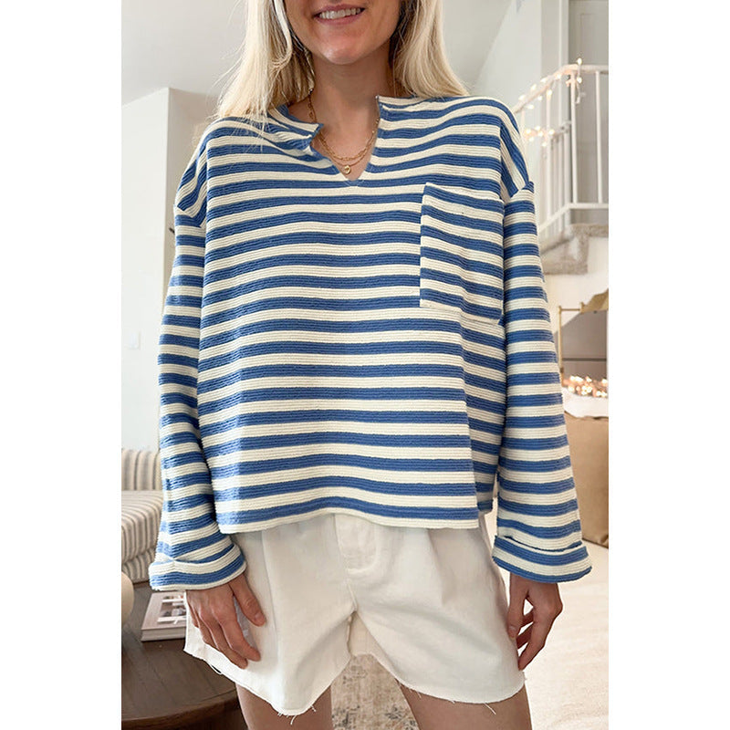 Damernas Randig Sweatshirt med V-hals och bröstficka Mirla-Eva Jonsson