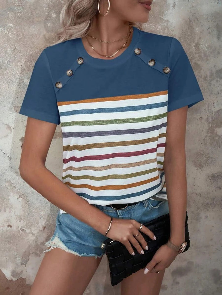 Damernas Randig T-shirt med Modiga Knappdetaljer och Rundhalsudskärning Mirla-Eva Jonsson