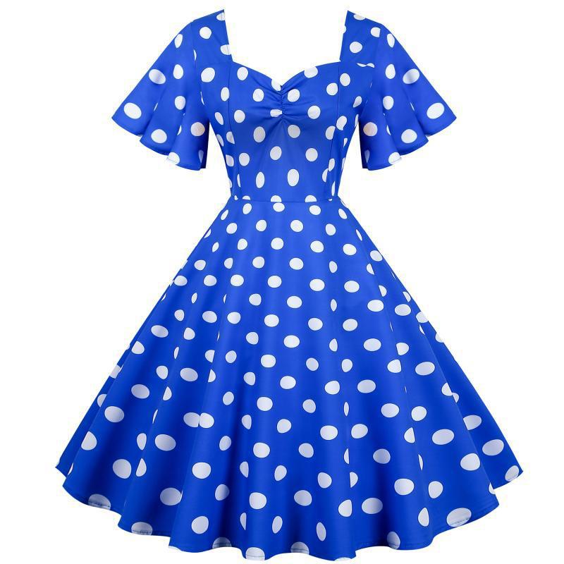 Damernas Rockabilly-klänning med lekfullt prickigt mönster och svängande fåll Mirla-Eva Jonsson
