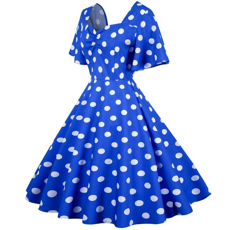Damernas Rockabilly-klänning med lekfullt prickigt mönster och svängande fåll Mirla-Eva Jonsson