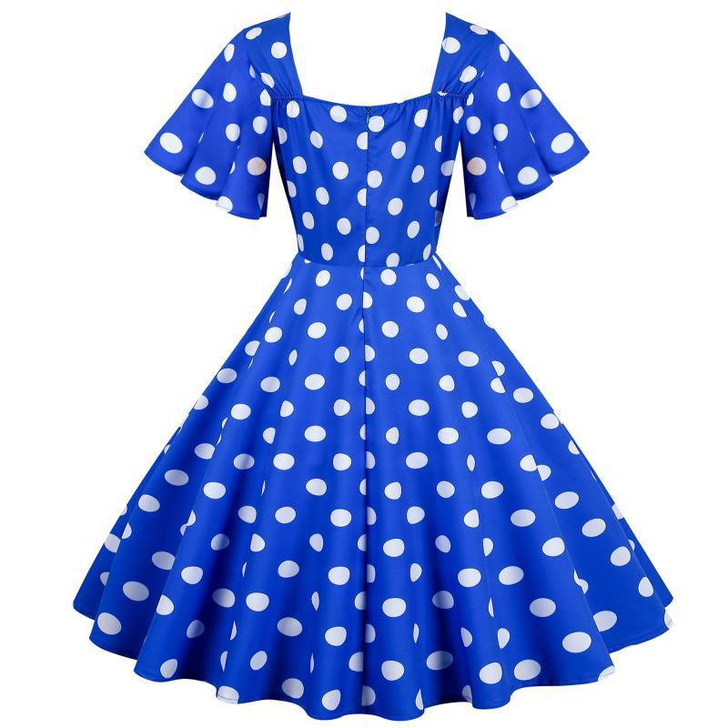 Damernas Rockabilly-klänning med lekfullt prickigt mönster och svängande fåll Mirla-Eva Jonsson