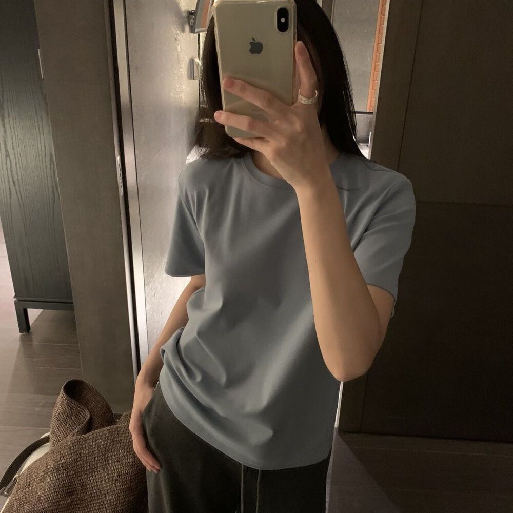 Damernas Rundhals Korta Ärmar T-Shirt Enfärgad Slim Fit-Eva Jonsson