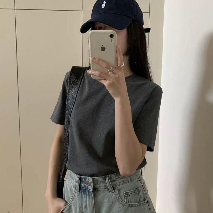 Damernas Rundhals Korta Ärmar T-Shirt Enfärgad Slim Fit-Eva Jonsson