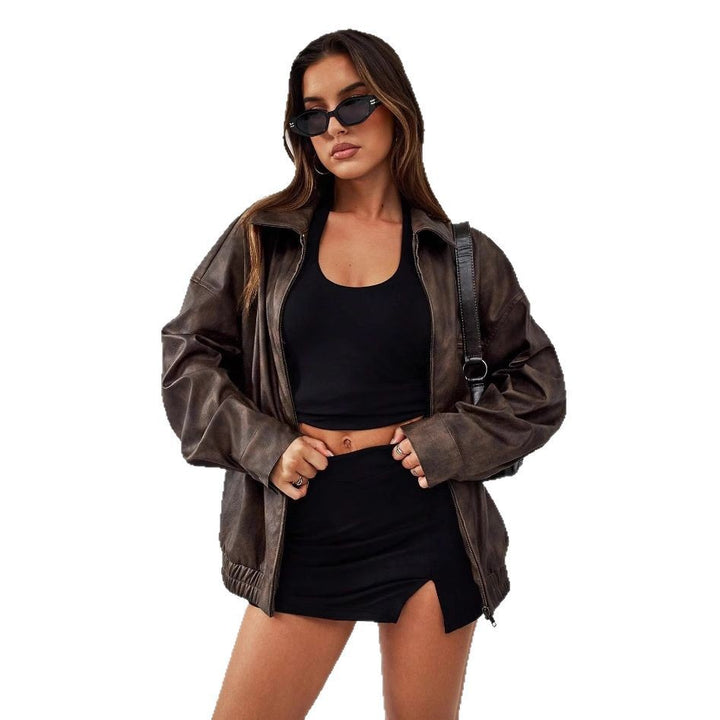 Damernas Sportig Oversized Läderjacka med praktiska fickor och elastisk nederdel Mirla-Eva Jonsson