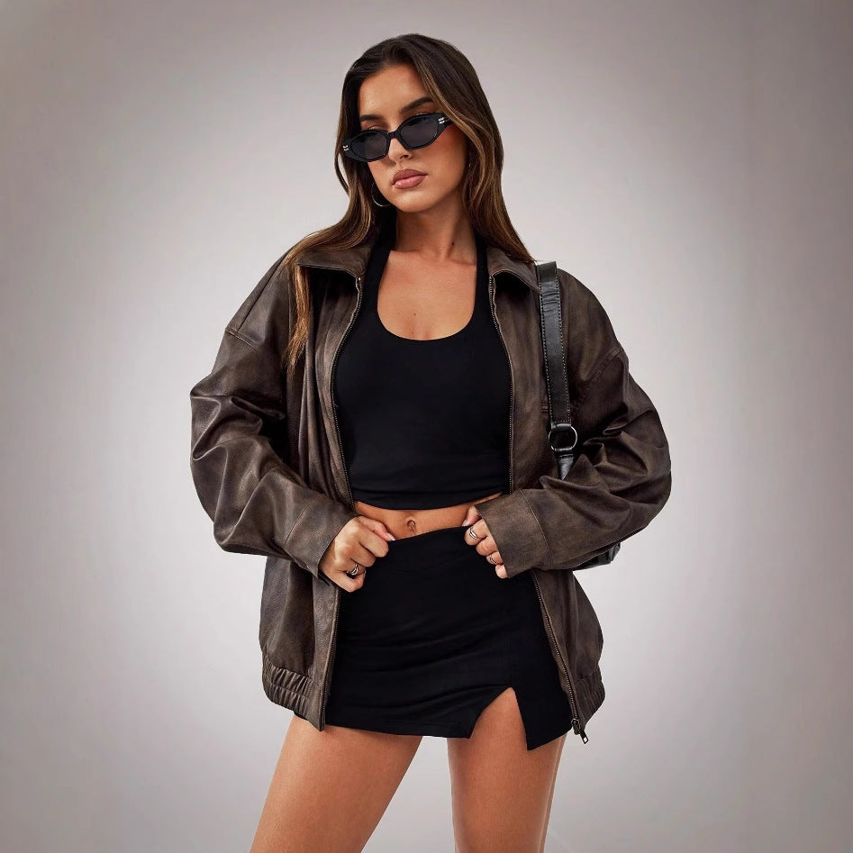 Damernas Sportig Oversized Läderjacka med praktiska fickor och elastisk nederdel Mirla-Eva Jonsson