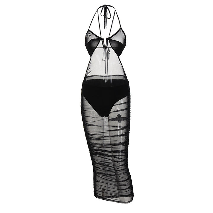 Damernas Transparent Bodycon Maxiklänning med djup u-ringning och lekfulla band Mirla-Eva Jonsson