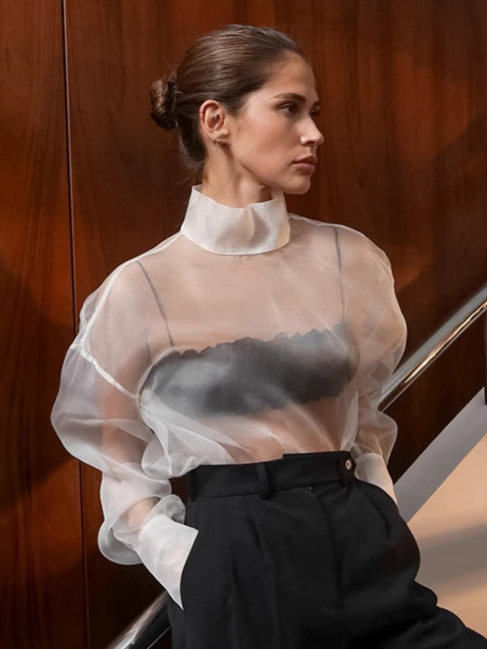 Damernas Transparent Chiffong Blus med Hög Krage och Eleganta Puffärmar Mirla-Eva Jonsson