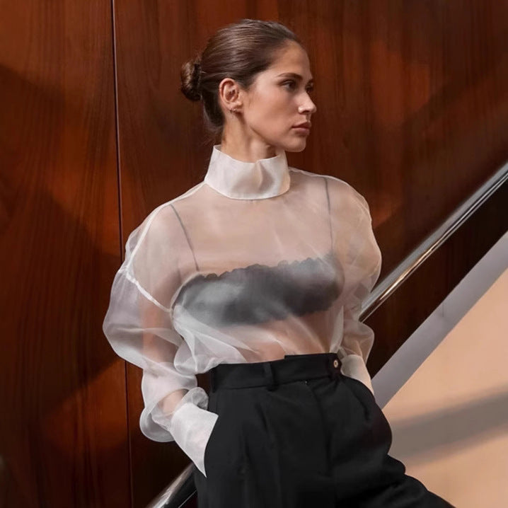 Damernas Transparent Chiffong Blus med Hög Krage och Eleganta Puffärmar Mirla-Eva Jonsson
