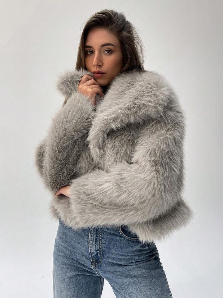 Damernas Trendig Konstpäls-Cropped-Jacka med voluminösa ärmar Mirla-Eva Jonsson