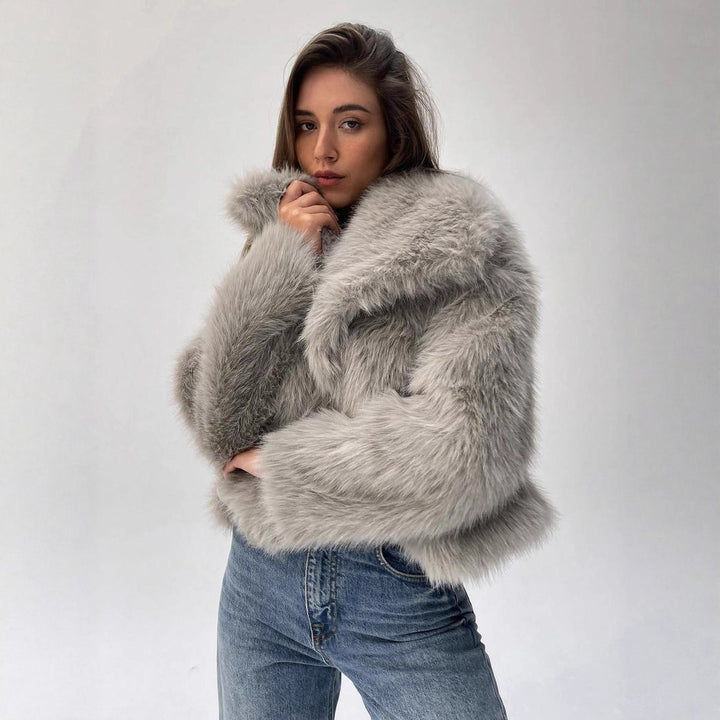 Damernas Trendig Konstpäls-Cropped-Jacka med voluminösa ärmar Mirla-Eva Jonsson