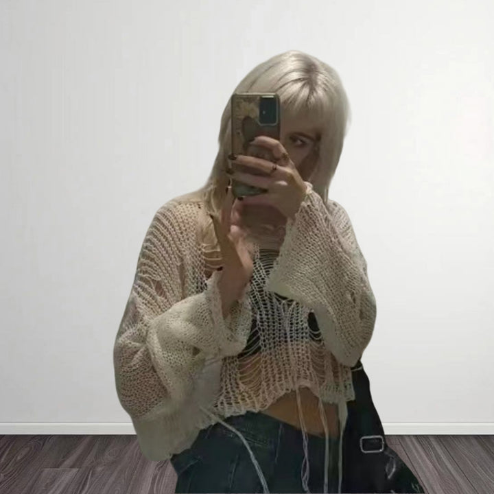 Damernas Trendigt Cropped-Top med luftig stickstruktur och öppna maskor Eva Jonsson-Eva Jonsson