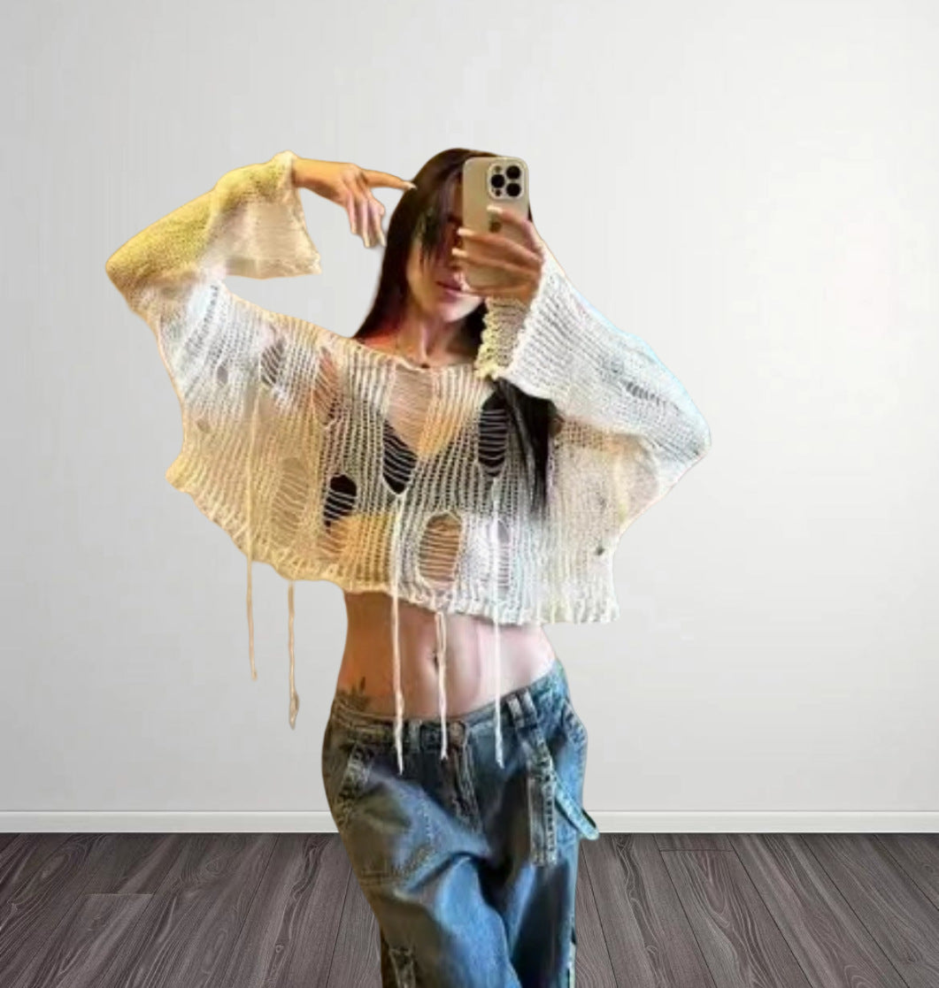 Damernas Trendigt Cropped-Top med luftig stickstruktur och öppna maskor Eva Jonsson-Eva Jonsson