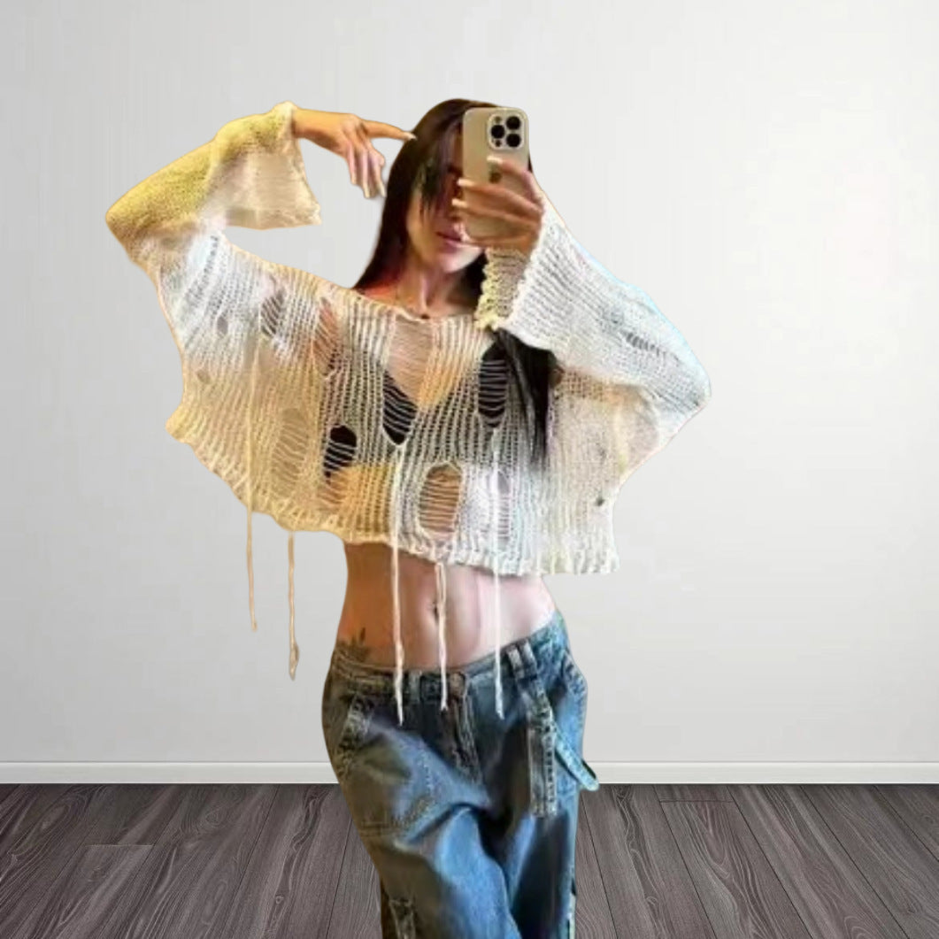 Damernas Trendigt Cropped-Top med luftig stickstruktur och öppna maskor Eva Jonsson-Eva Jonsson