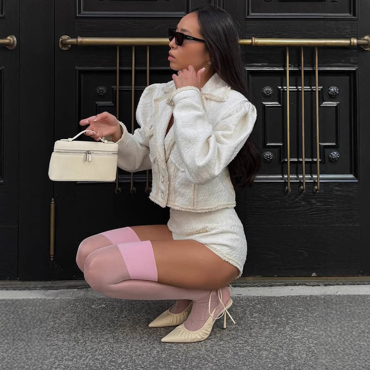 Damernas Tweed Mini-jacka med dubbel krage och dekorativa fickor Eva Jonsson-Eva Jonsson