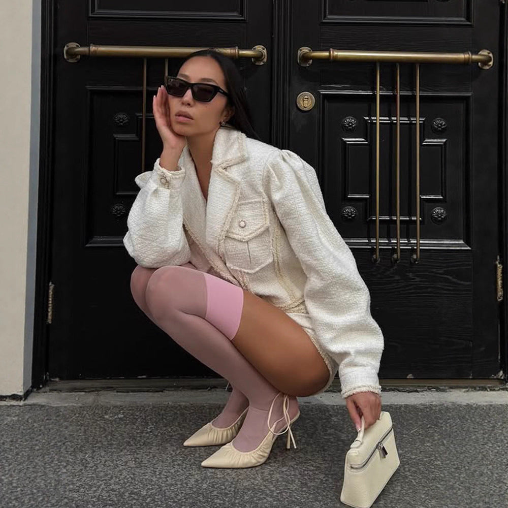 Damernas Tweed Mini-jacka med dubbel krage och dekorativa fickor Eva Jonsson-Eva Jonsson