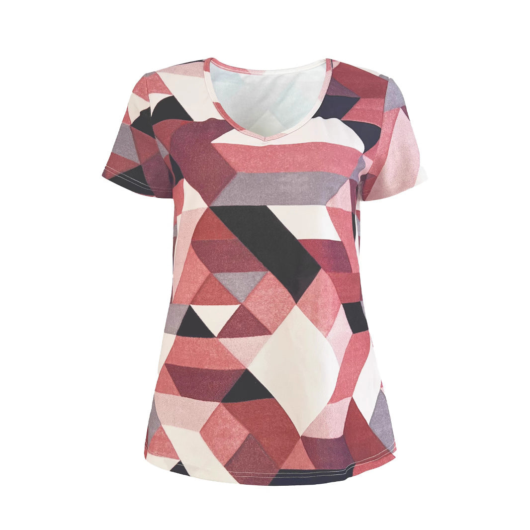 Damernas V-hals T-shirt med geometriskt mönster och mjukt material Mirla-Eva Jonsson