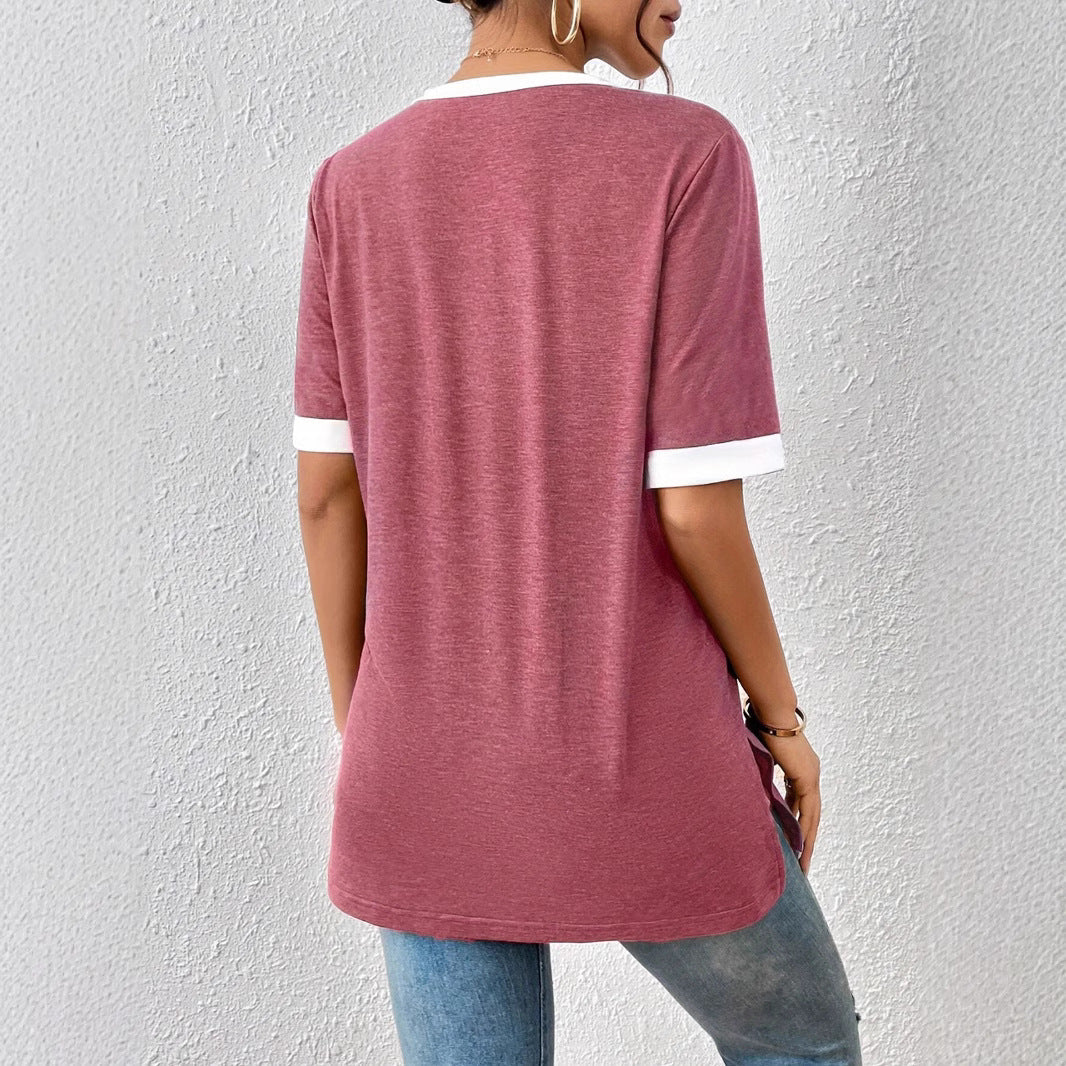 Damernas V-hals T-shirt med kontrastärmar och bekväm passform Mirla-Eva Jonsson