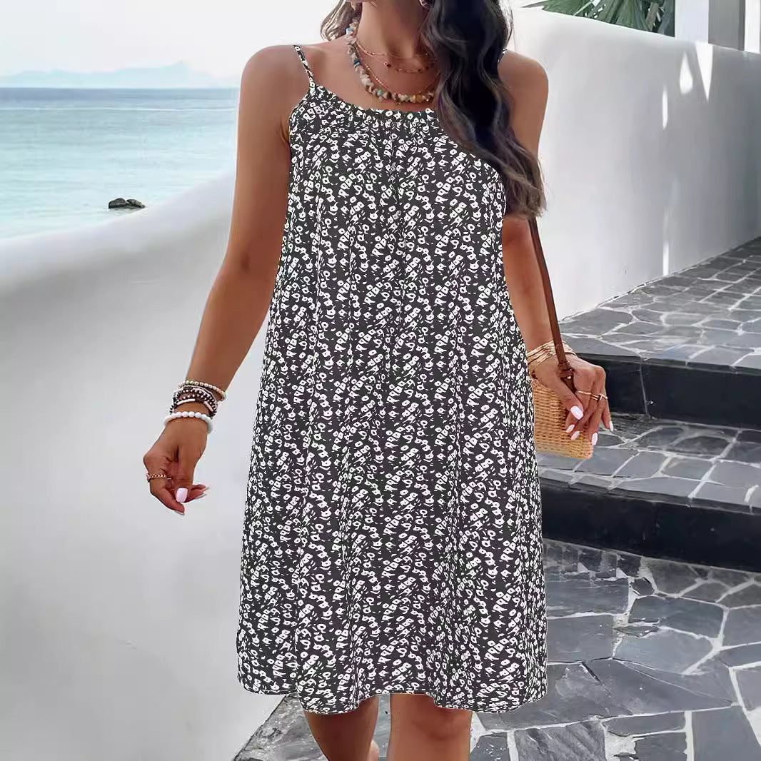 Damernas ärmlösa sommarklänning med elastisk midja och blommönster Mirla-Eva Jonsson
