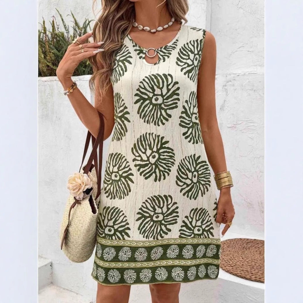 Damernas ärmlösa sommarklänning med lekfullt blommönster och dekorativ nyckelringar detalj Eva Jonsson-Eva Jonsson