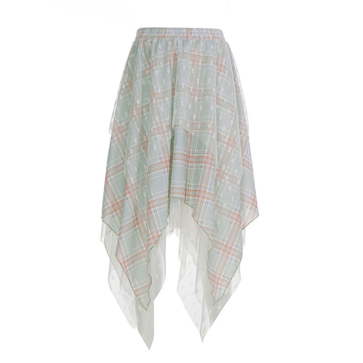 Damernas asymmetrisk plisserad kjol med transparent chiffongöverdrag och rutig design Mirla-Eva Jonsson
