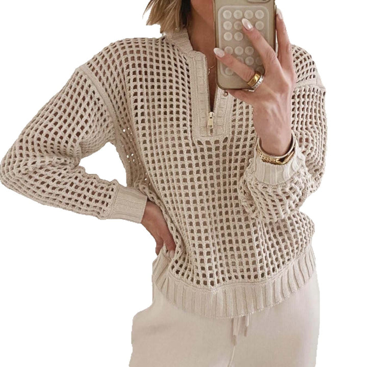 Damernas avslappnad stickad tröja med dragkedja och luftig maskstruktur Mirla-Eva Jonsson