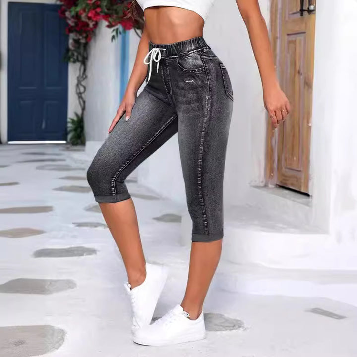 Damernas avslappnade 3/4 jeansleggings med elastisk midja och praktiska fickor Eva Jonsson-Eva Jonsson
