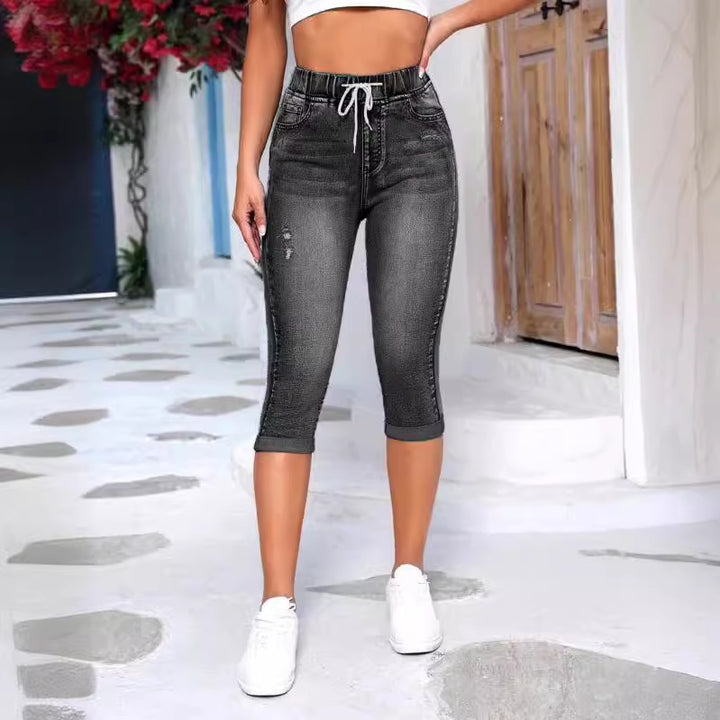 Damernas avslappnade 3/4 jeansleggings med elastisk midja och praktiska fickor Eva Jonsson-Eva Jonsson