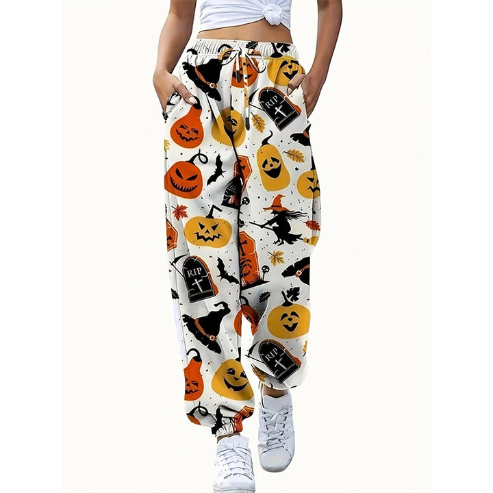 Damernas avslappnade Halloween-joggingbyxa med elastisk midja och färggprint Mirla-Eva Jonsson
