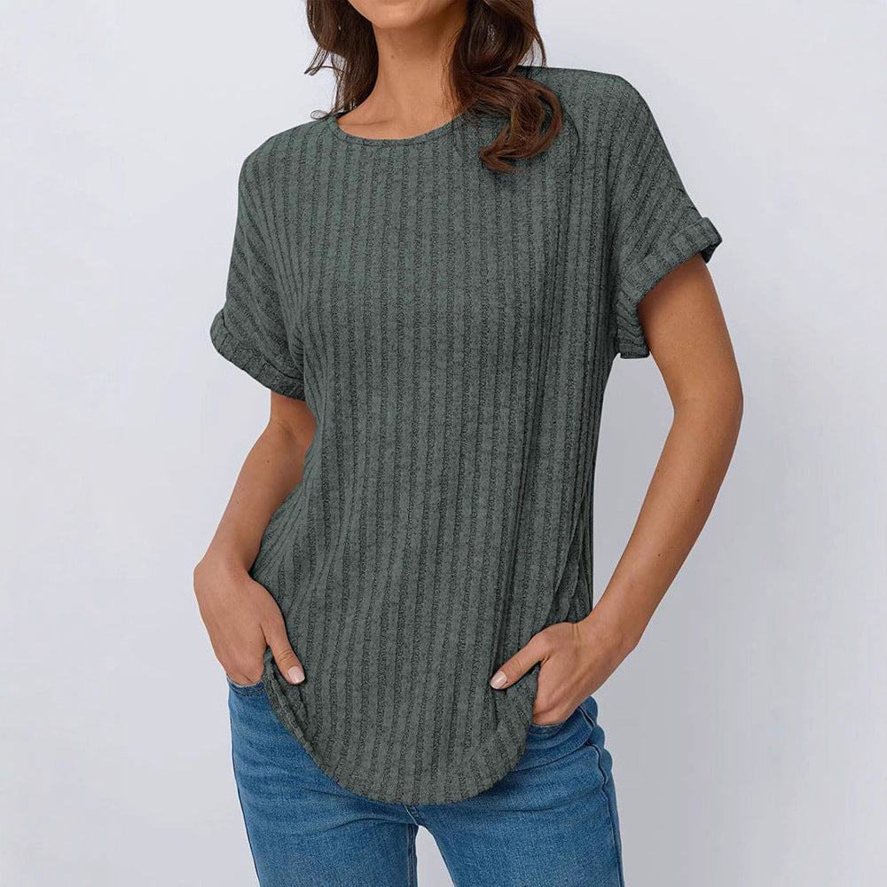 Damernas avslappnade T-shirt i ribbat design med uppvikta ärmar Eva Jonsson-Eva Jonsson