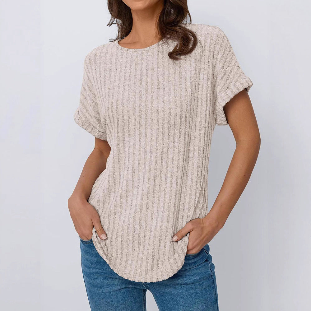 Damernas avslappnade T-shirt i ribbat design med uppvikta ärmar Eva Jonsson-Eva Jonsson