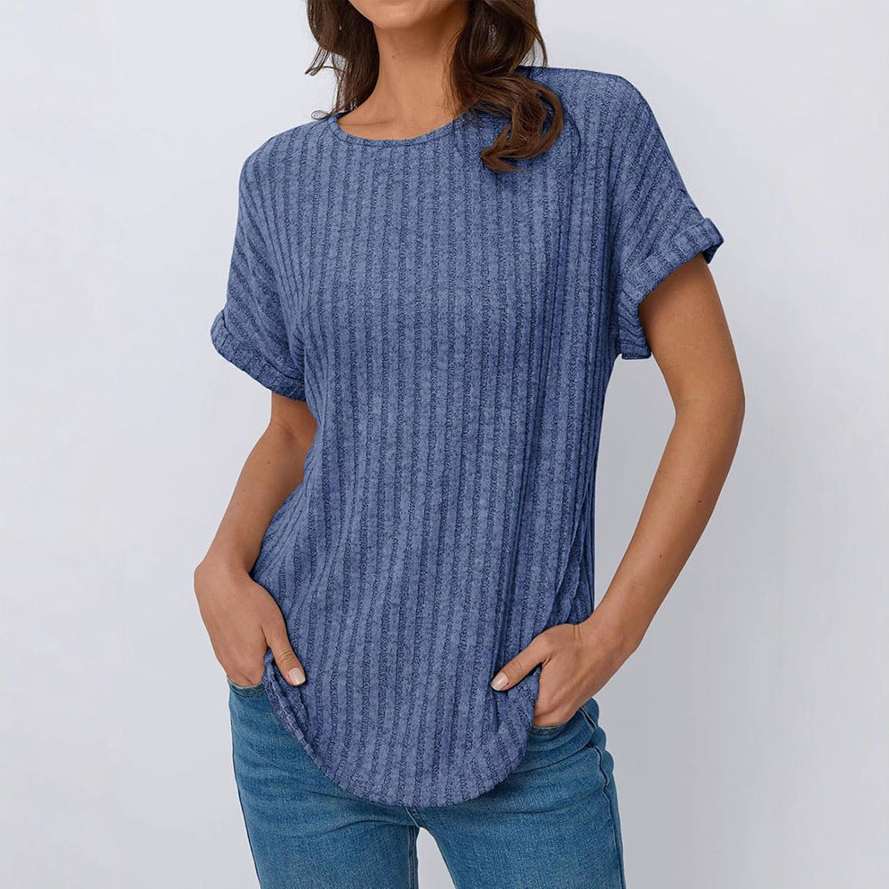 Damernas avslappnade T-shirt i ribbat design med uppvikta ärmar Eva Jonsson-Eva Jonsson