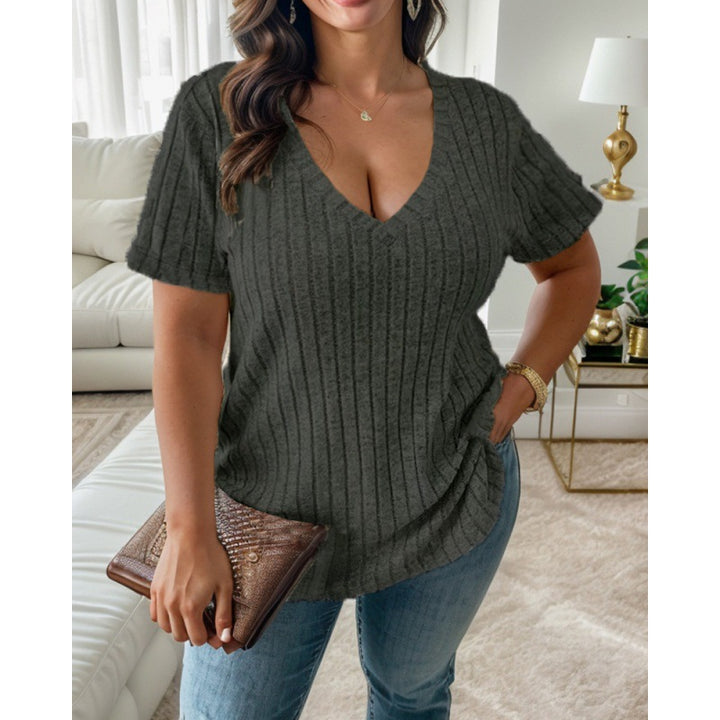 Damernas avslappnade V-hals T-shirt med ribbad struktur Eva Jonsson-Eva Jonsson