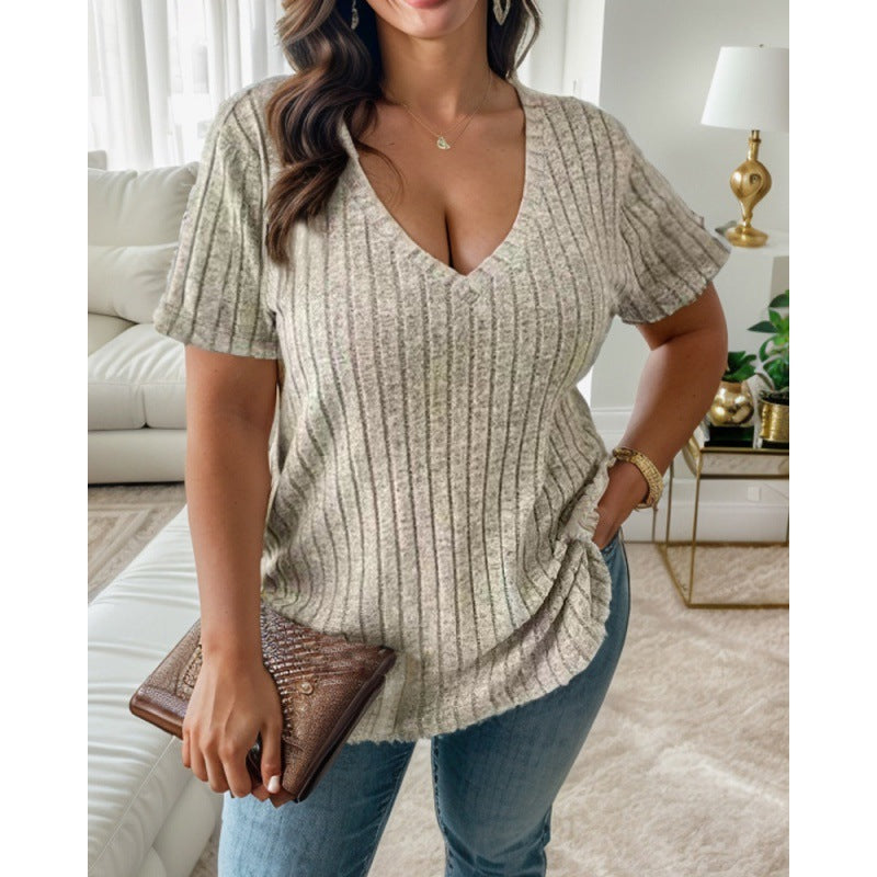 Damernas avslappnade V-hals T-shirt med ribbad struktur Eva Jonsson-Eva Jonsson
