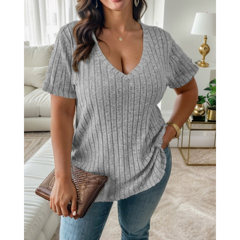 Damernas avslappnade V-hals T-shirt med ribbad struktur Eva Jonsson-Eva Jonsson