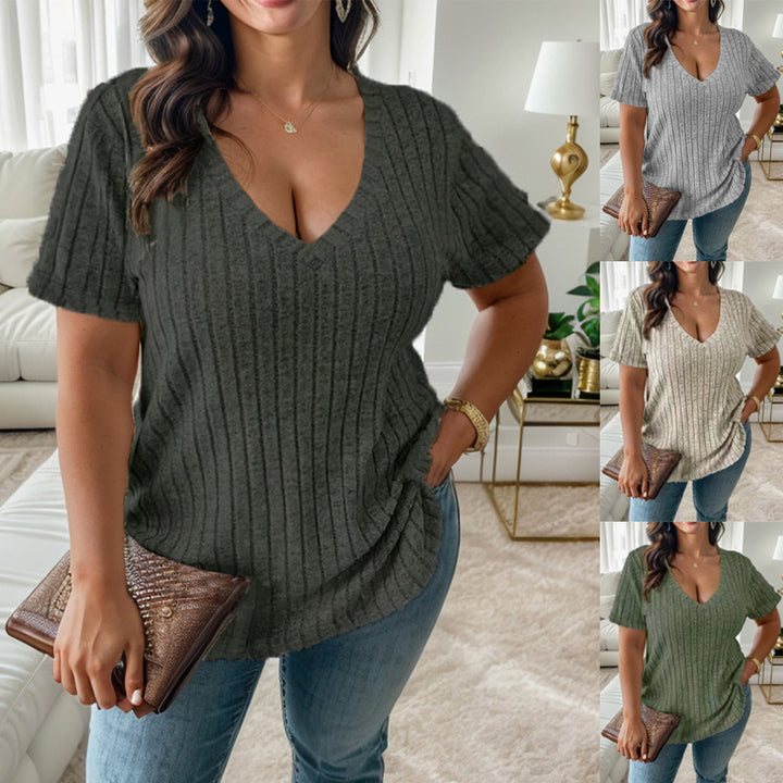 Damernas avslappnade V-hals T-shirt med ribbad struktur Eva Jonsson-Eva Jonsson