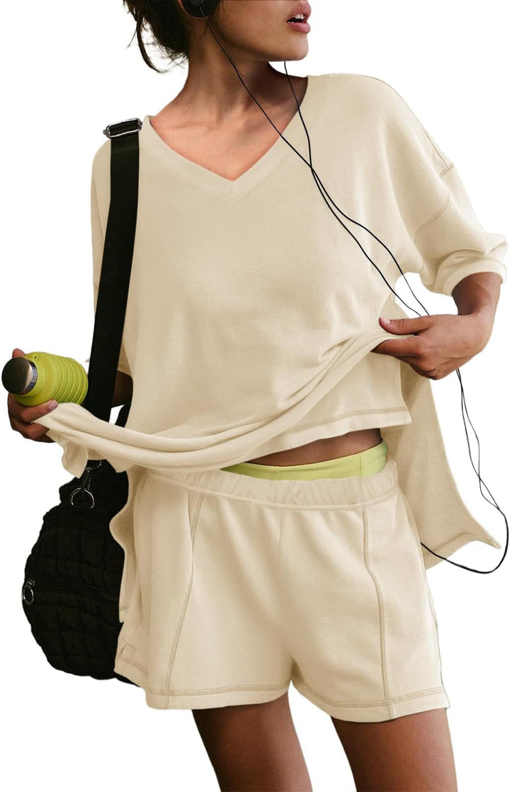 Damernas avslappnade V-ringad T-shirt och shorts set Eva Jonsson-Eva Jonsson