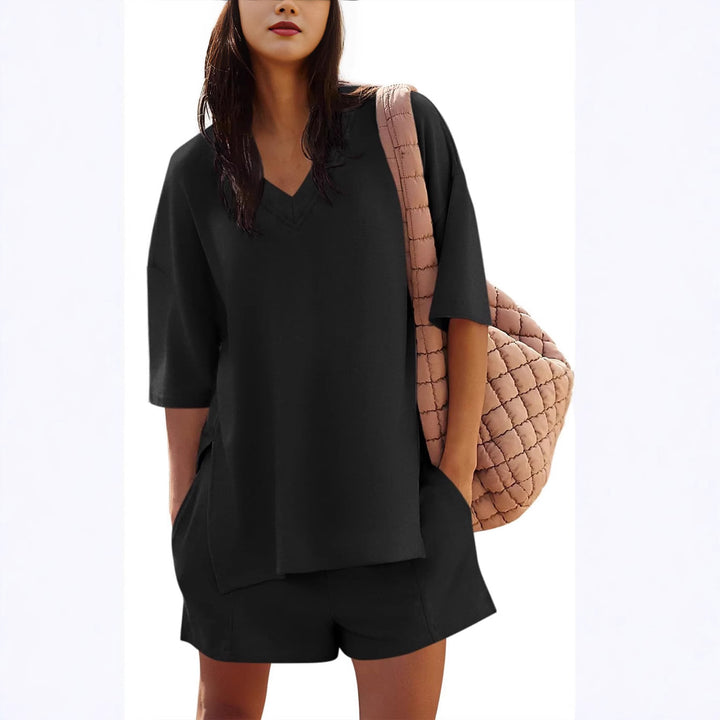 Damernas avslappnade V-ringad T-shirt och shorts set Eva Jonsson-Eva Jonsson