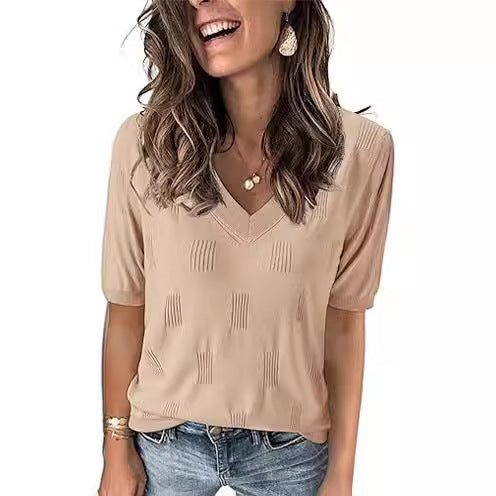 Damernas avslappnade V-ringad t-shirt med strukturerad yta Mirla-Eva Jonsson