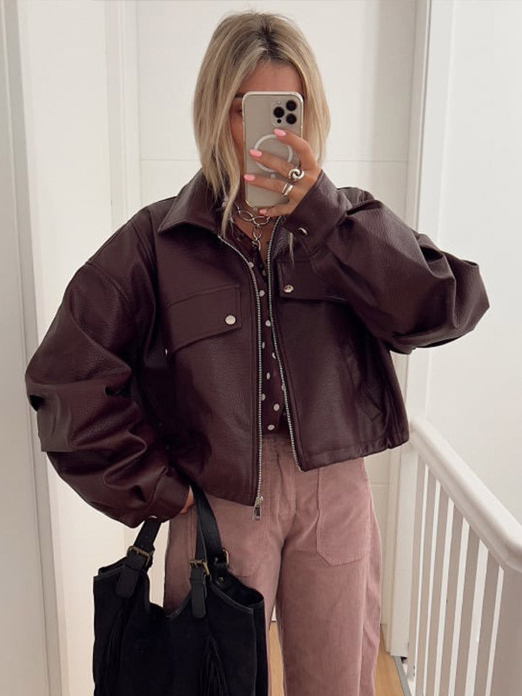 Damernas avslappnade cropped konstläderjacka med voluminösa ärmar Eva Jonsson-Eva Jonsson