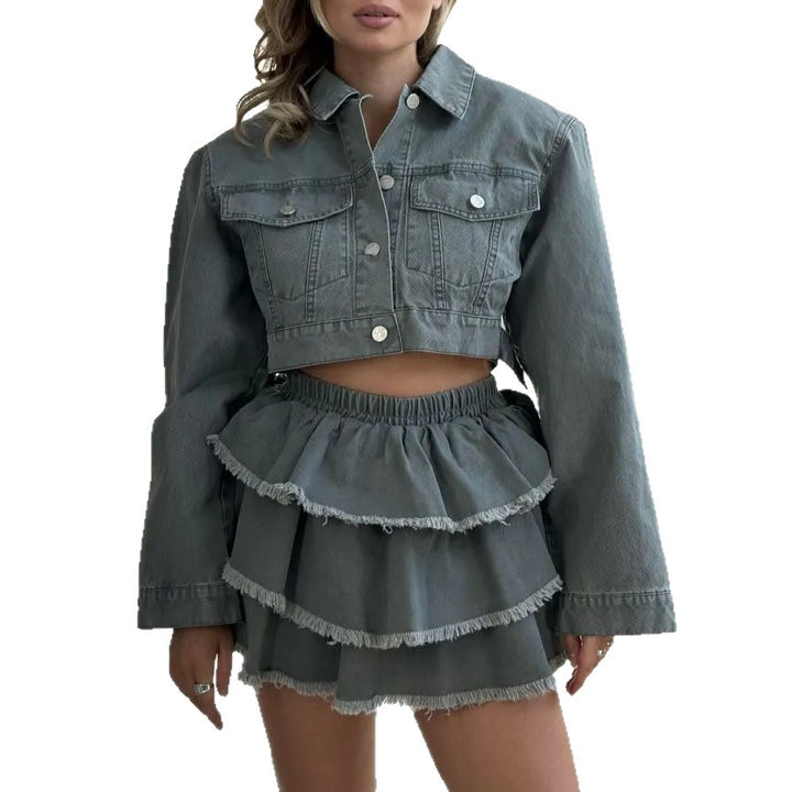 Damernas avslappnade denim-crop-top och volangkjol-set Mirla-Eva Jonsson