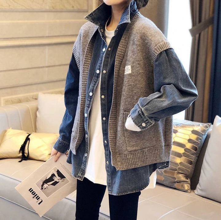Damernas avslappnade denimjacka med strukturerad stickdesign Mirla-Eva Jonsson