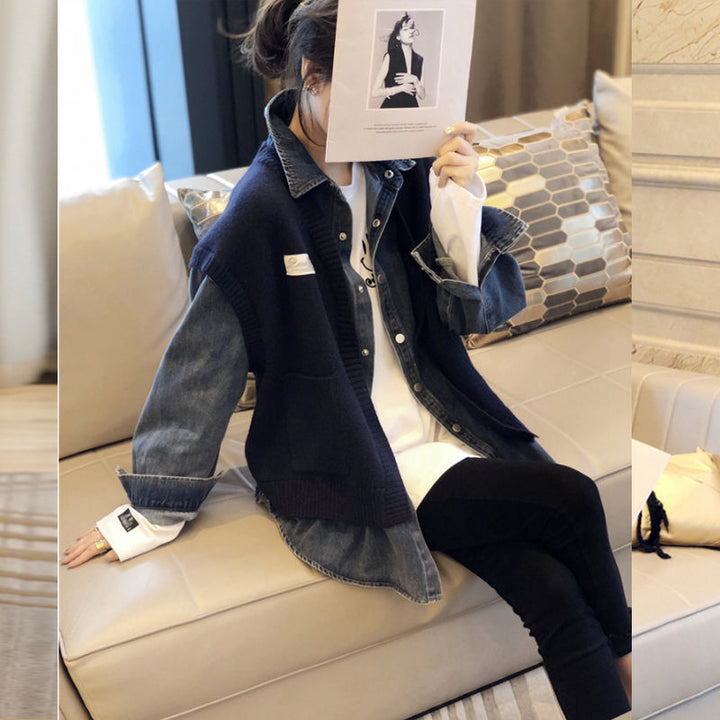 Damernas avslappnade denimjacka med strukturerad stickdesign Mirla-Eva Jonsson