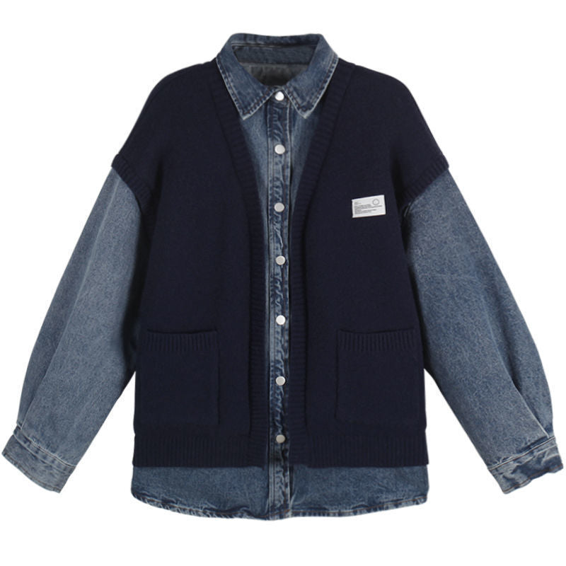 Damernas avslappnade denimjacka med strukturerad stickdesign Mirla-Eva Jonsson