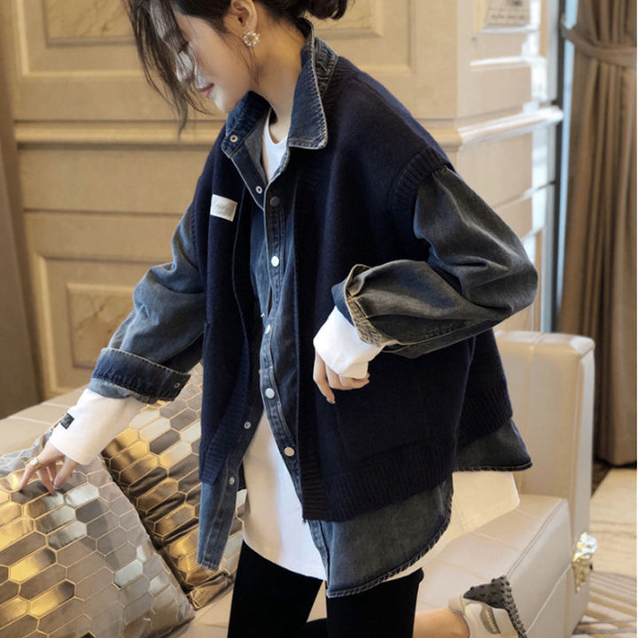 Damernas avslappnade denimjacka med strukturerad stickdesign Mirla-Eva Jonsson