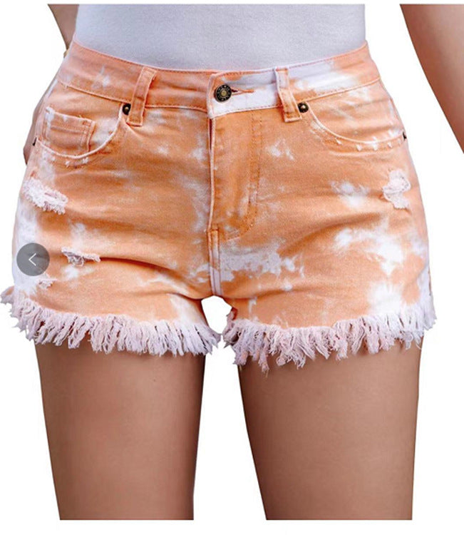 Damernas avslappnade denimshorts med unikt batikmönster och fransig fåll Mirla-Eva Jonsson